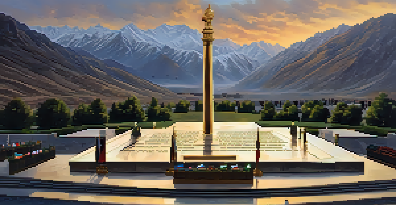 The Kargil War Memorial surrounded by mountains at sunset, with flags and visitors paying respects.