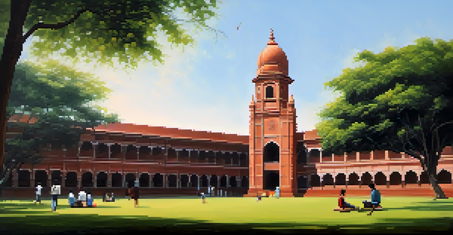 The University of Madras in Chennai with students reading under a tree, highlighted by warm afternoon light.