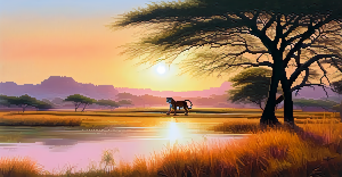 A Bengal tiger walking through golden grasslands at sunrise in Ranthambore National Park, with a colorful sky and lush trees in the background.