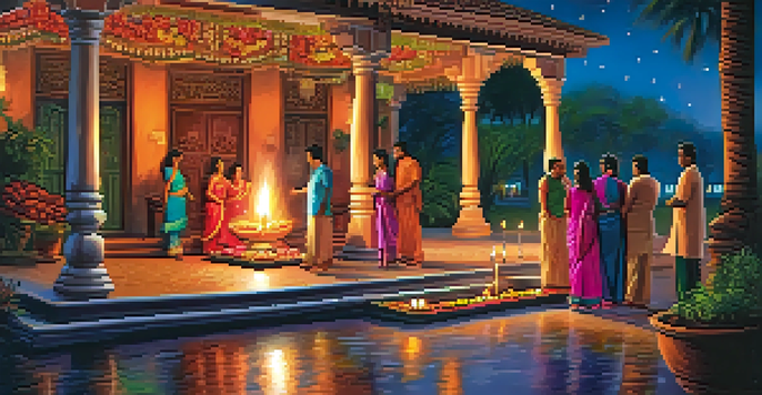 A beautifully lit home for Diwali with diyas, colorful rangoli, families celebrating, and fireworks in the night sky.