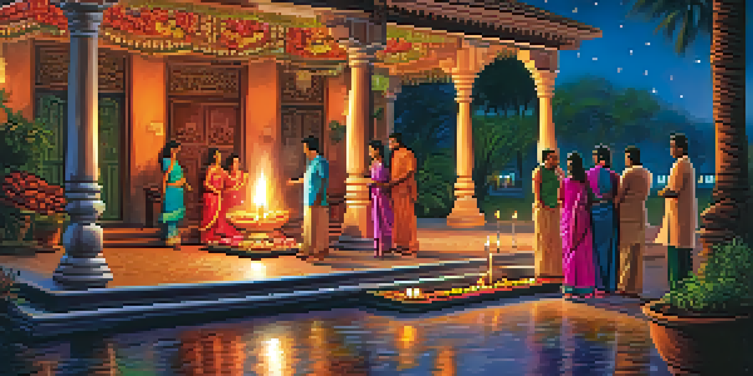 A beautifully lit home for Diwali with diyas, colorful rangoli, families celebrating, and fireworks in the night sky.