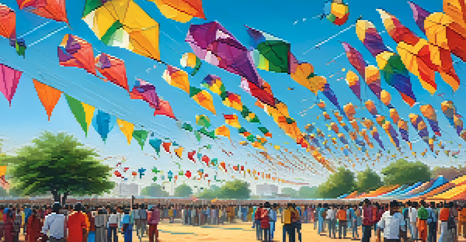A colorful scene from the International Kite Festival in Ahmedabad, with kites flying in the sky and people celebrating on the ground.