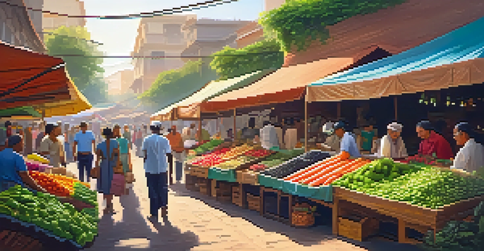 A bustling local market with colorful stalls of fresh produce and spices, showcasing people interacting with vendors under soft sunlight.