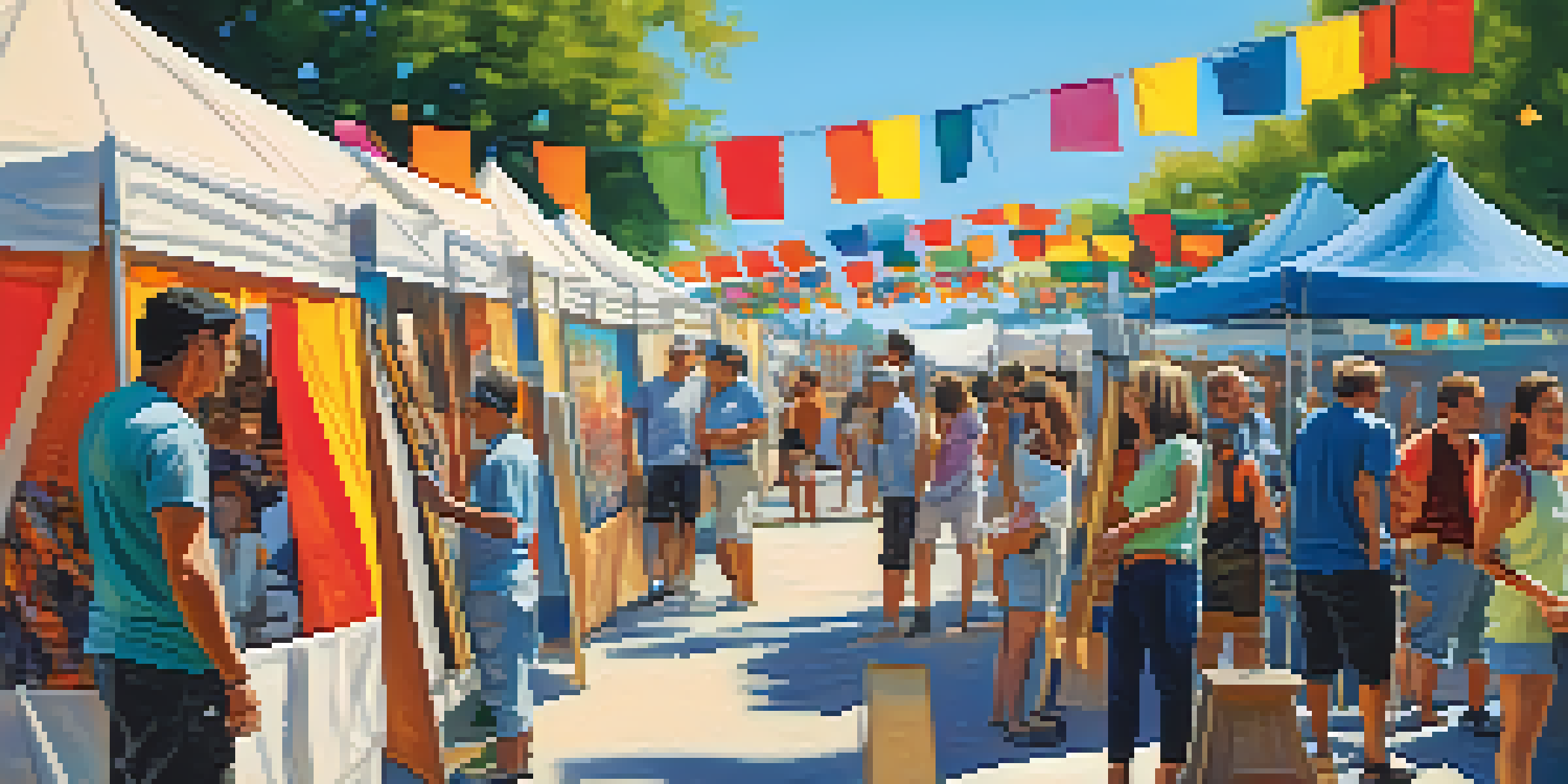 A lively local art festival with artists displaying their artworks and visitors engaging with the art. A painter is seen capturing the scene on canvas under colorful tents.