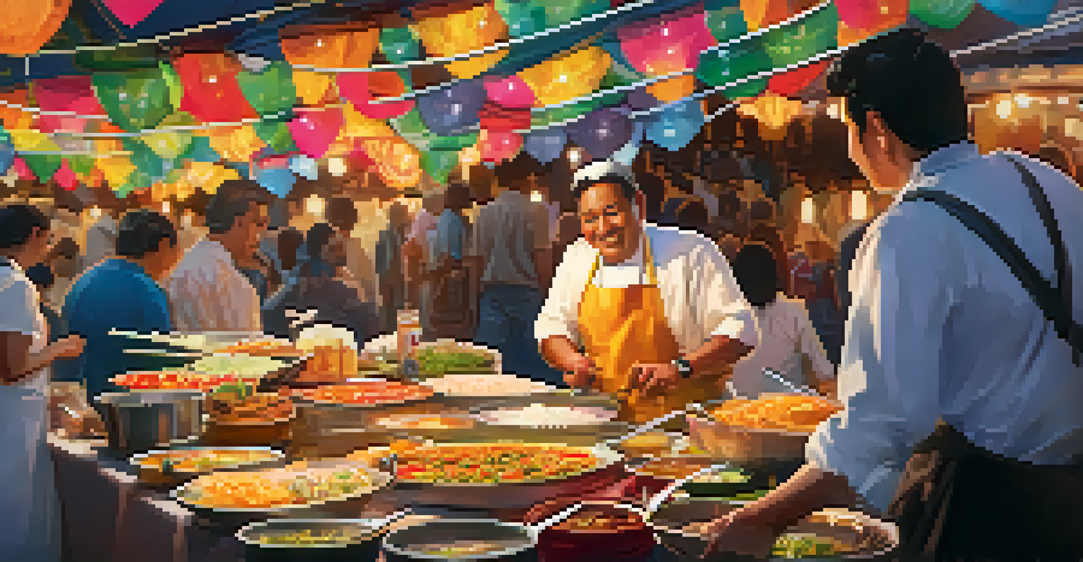 A food stall at an art festival with a chef presenting local dishes to festival-goers. The stall is decorated with vibrant colors and lights.
