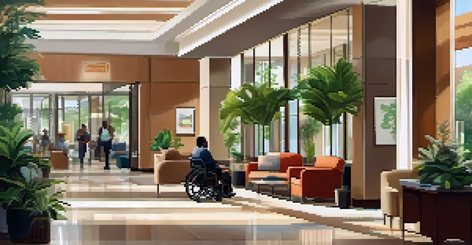 A spacious hotel lobby with wide doorways and comfortable seating, where a staff member is assisting a guest in a wheelchair, creating an inclusive atmosphere.