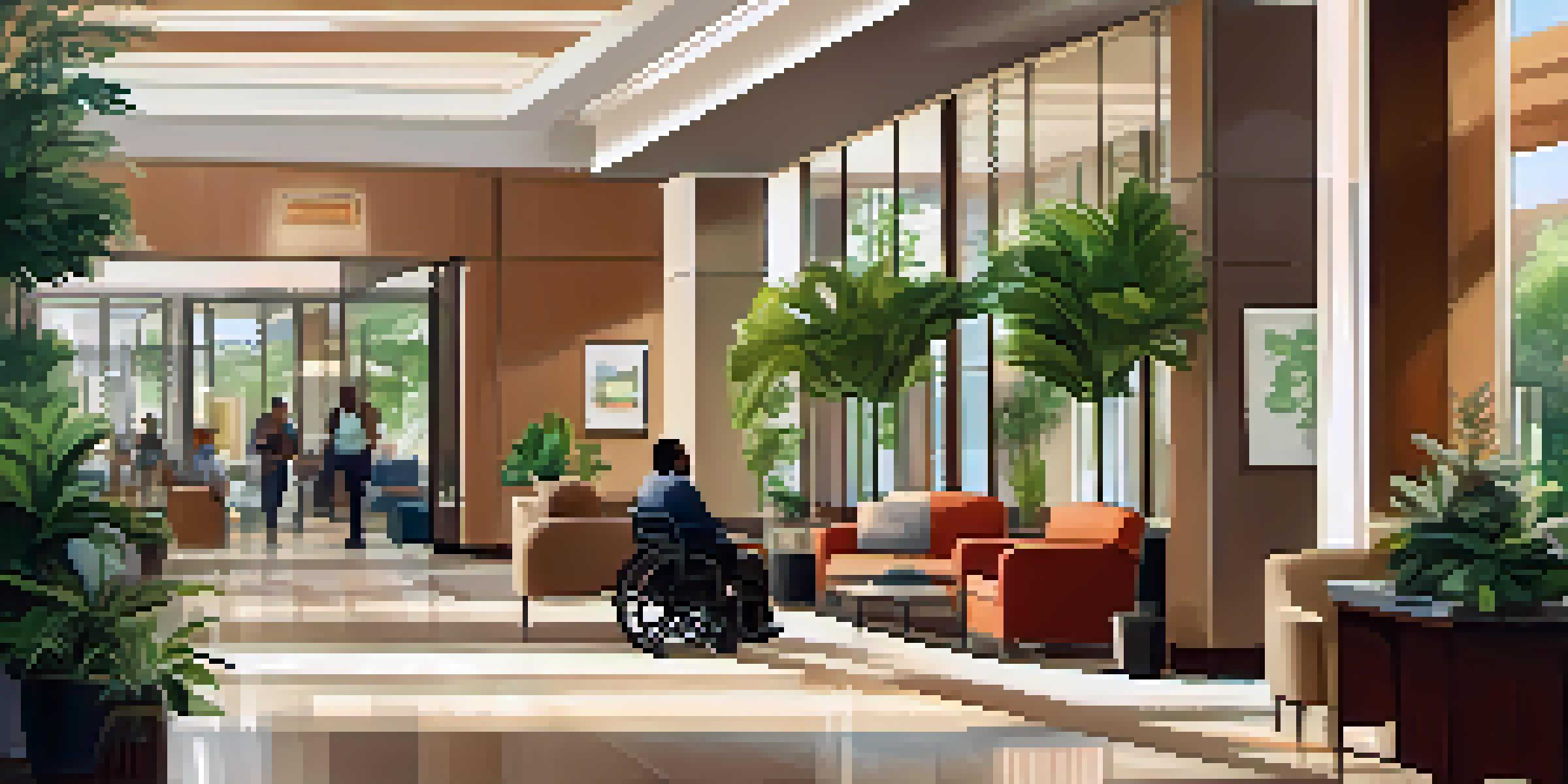 A spacious hotel lobby with wide doorways and comfortable seating, where a staff member is assisting a guest in a wheelchair, creating an inclusive atmosphere.