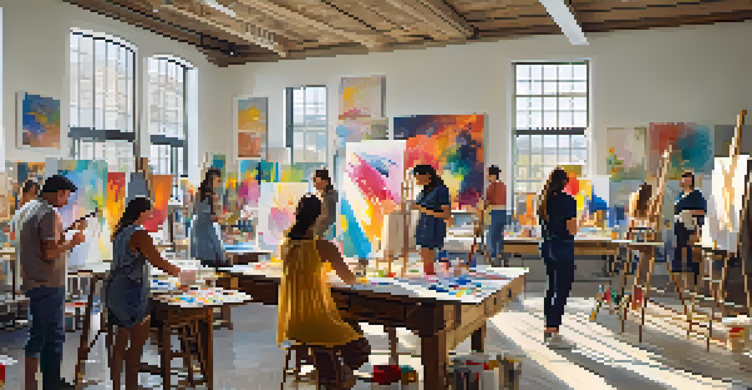 Participants painting in a bright studio, surrounded by colorful artwork and natural light.