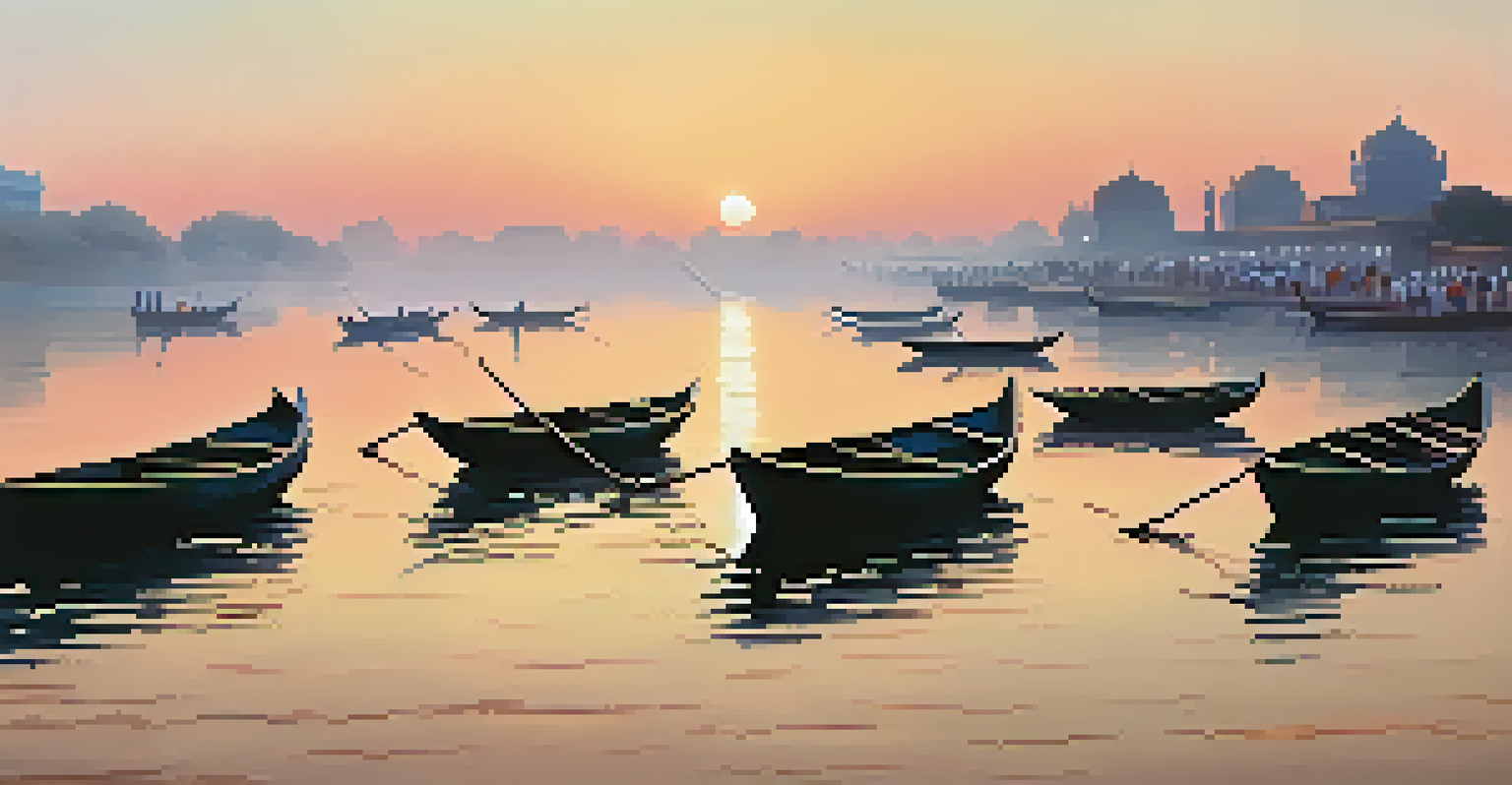 The Ganges River at dawn in Kanpur with boats floating and people performing morning rituals.