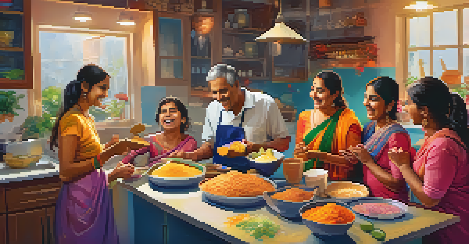 A family joyfully preparing savory snacks for Holi in a colorful kitchen filled with ingredients.