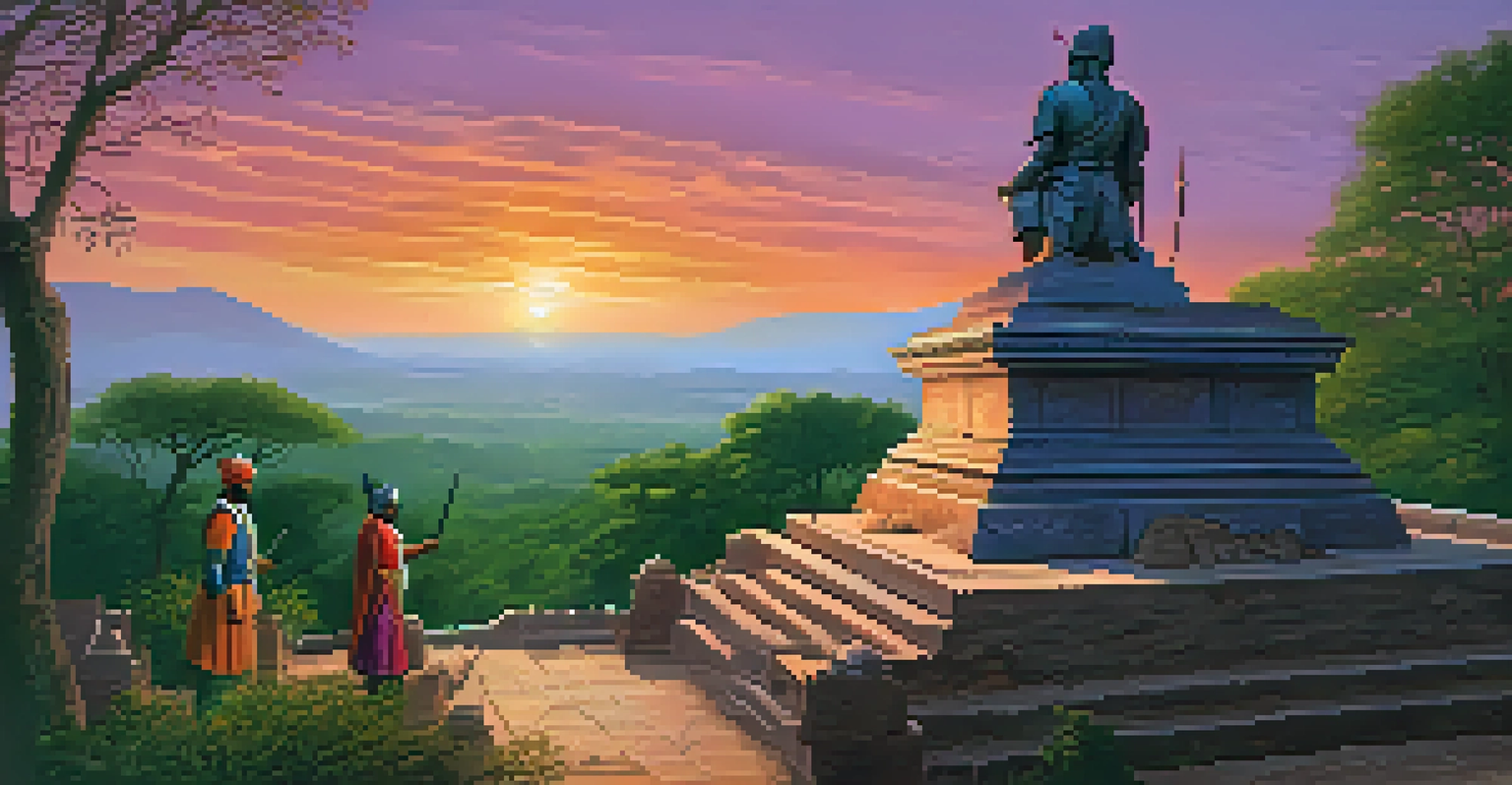 The battlefield of Haldighati with a statue of Maharana Pratap against a colorful sunset and rocky hills.