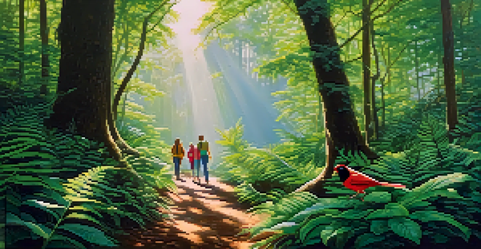A vibrant forest scene with tourists on a nature walk, observing a colorful bird, sunlight filtering through the trees.