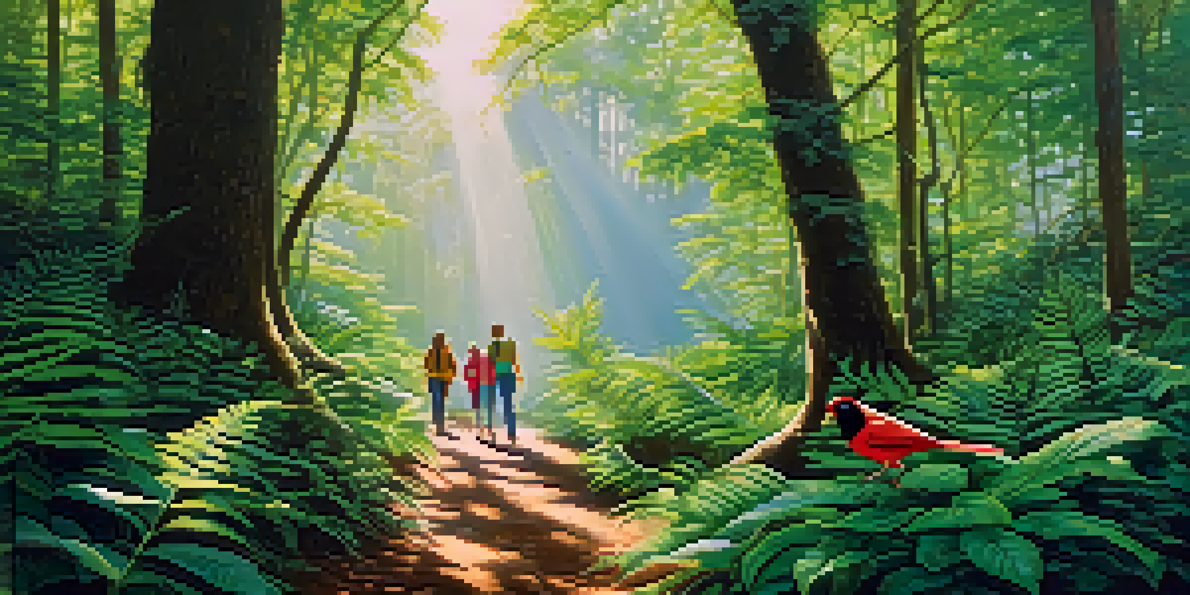 A vibrant forest scene with tourists on a nature walk, observing a colorful bird, sunlight filtering through the trees.