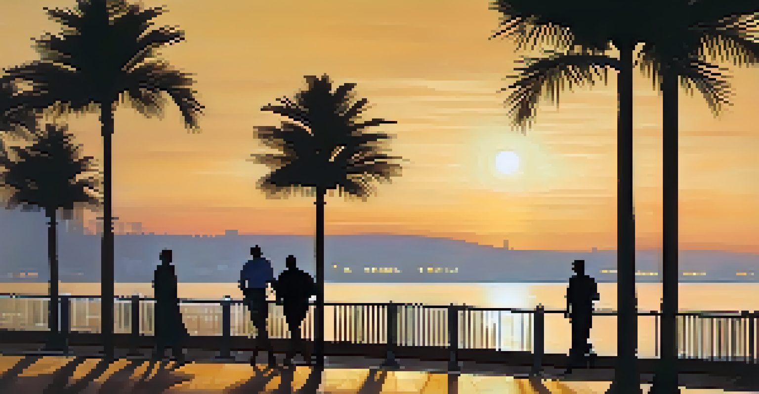 A picturesque sunset view of Marine Drive in Mumbai, with silhouettes of palm trees and people walking along the promenade.