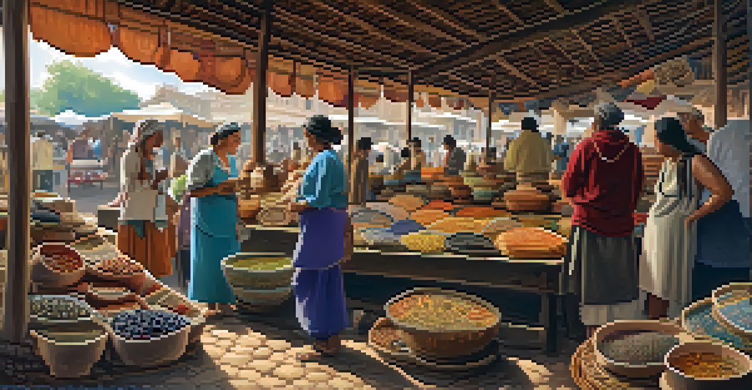 An artisan vendor displaying handmade pottery and jewelry, interacting with customers in a vibrant local market setting.