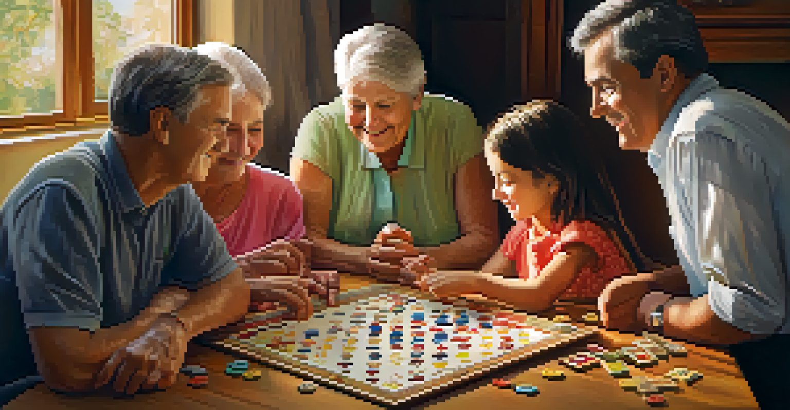 A family gathered around a table playing Ludo, with warm lighting and smiling faces, emphasizing intergenerational bonding.