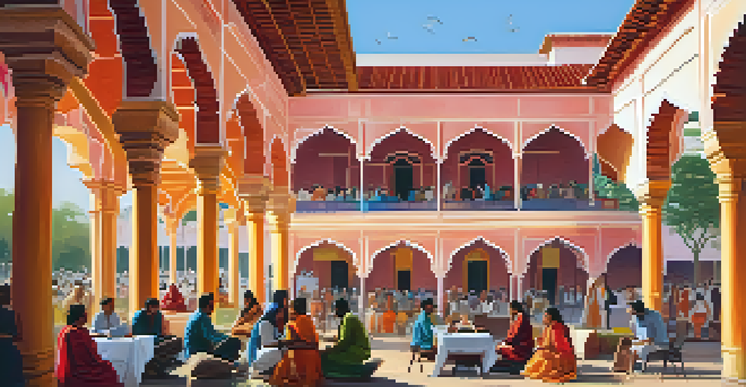 A lively gathering of festival attendees at the Jaipur Literature Festival, engaging in discussions and book signings under colorful canopies.