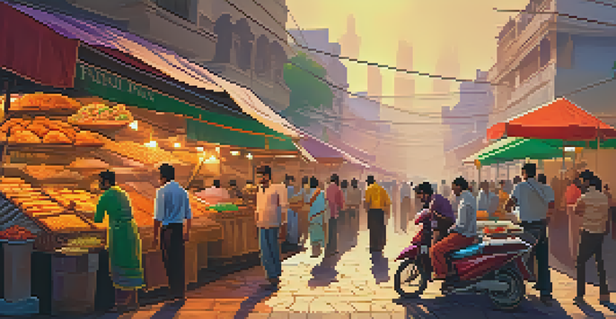 A busy street food market in India with vendors serving colorful street food like pani puri and vada pav, under a warm sunlight.