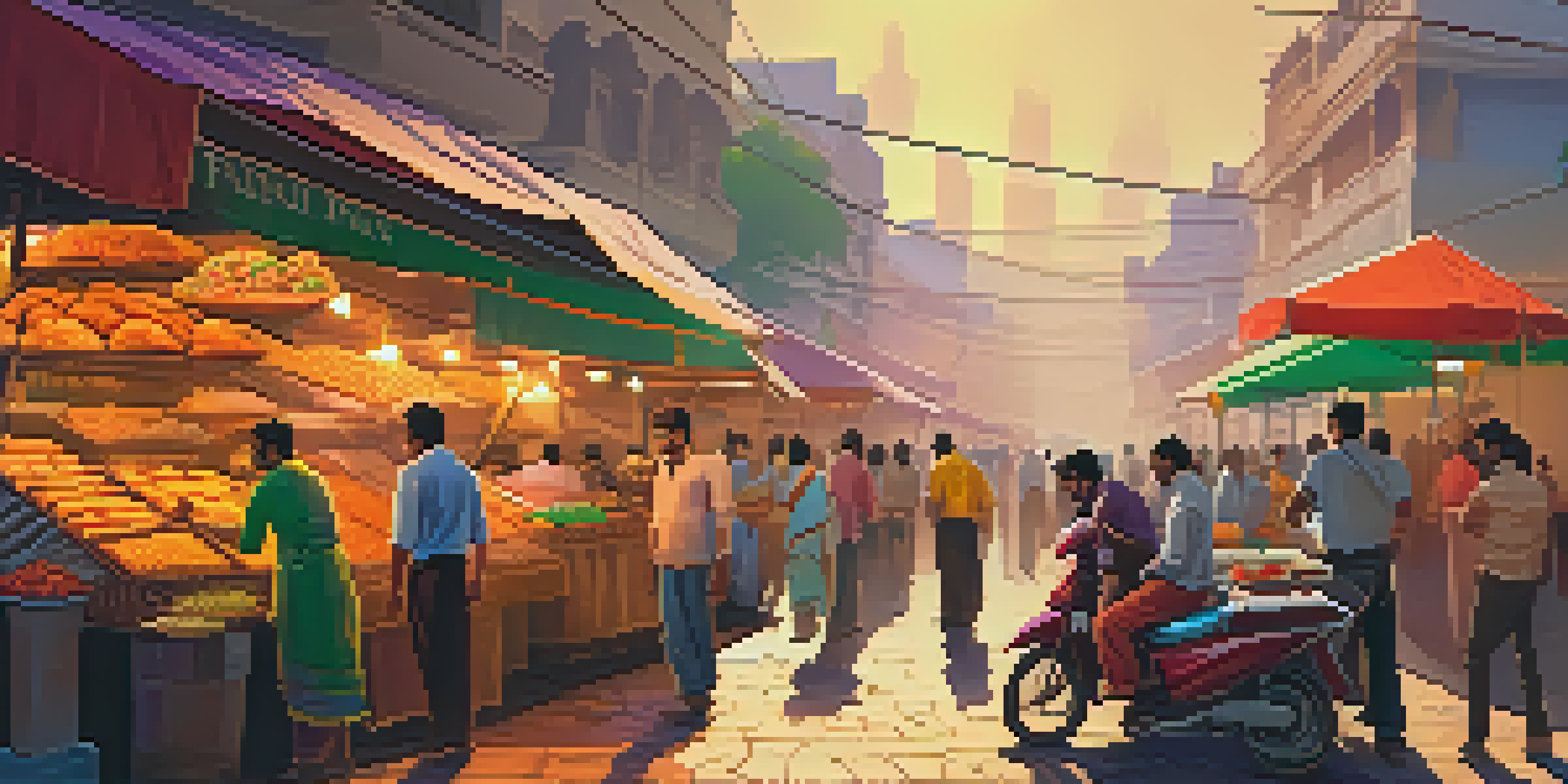 A busy street food market in India with vendors serving colorful street food like pani puri and vada pav, under a warm sunlight.