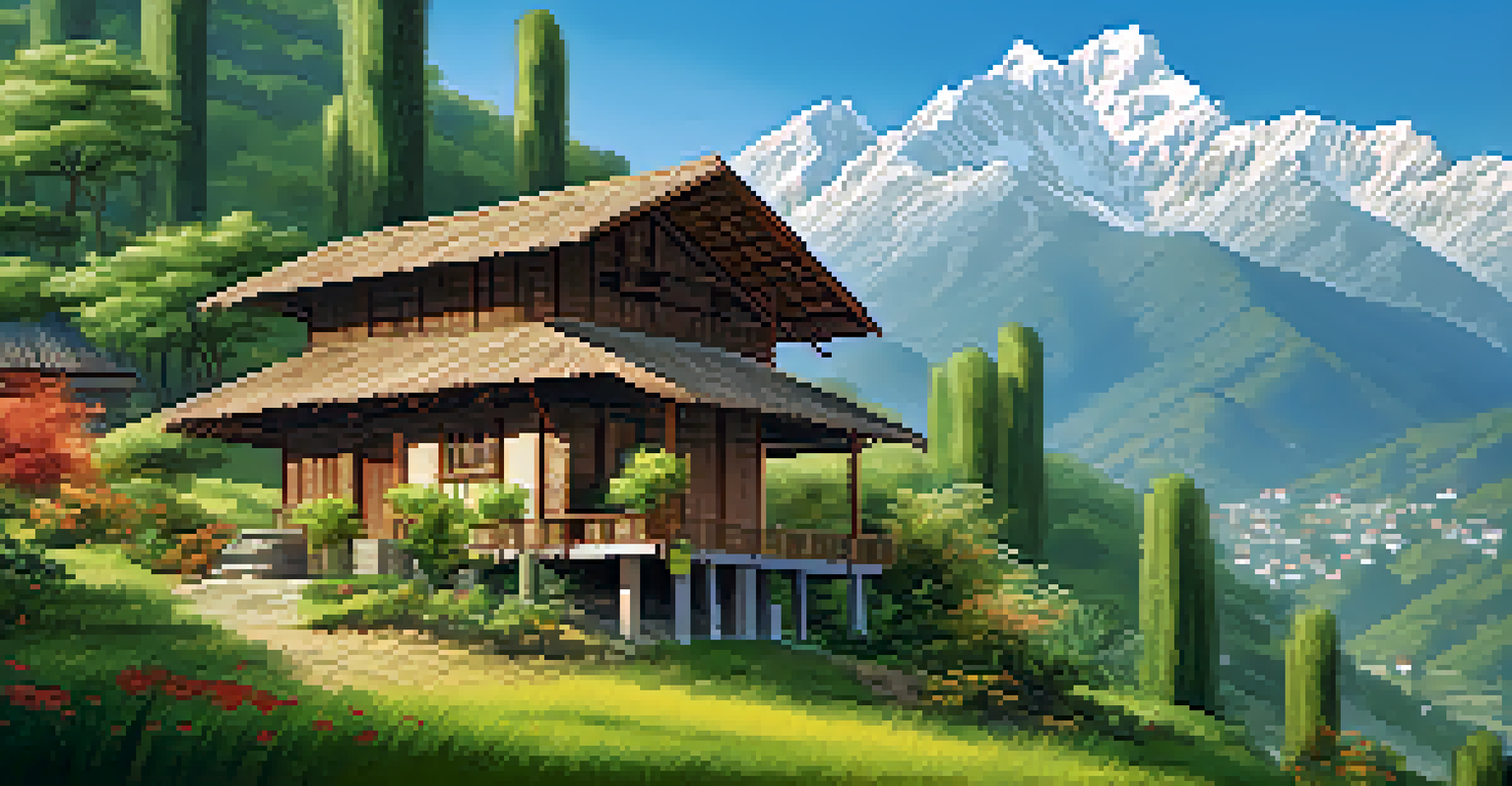 A bamboo cottage in Uttarakhand surrounded by mountains and a colorful garden, representing sustainable living.