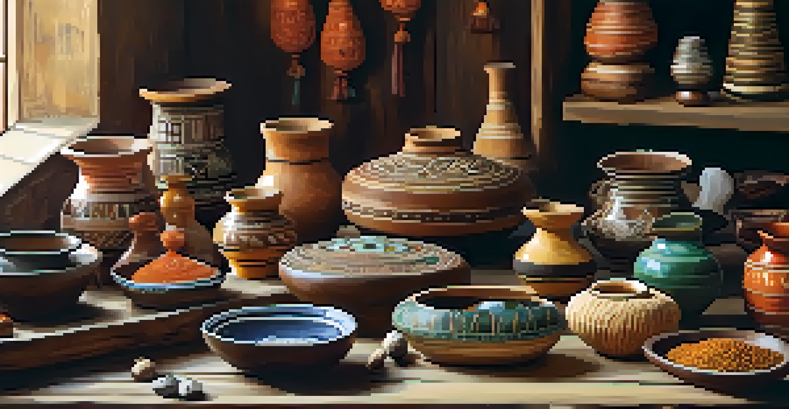 An artistic display of Indian handicrafts including jewelry, pottery, and textiles on a rustic table under natural light.