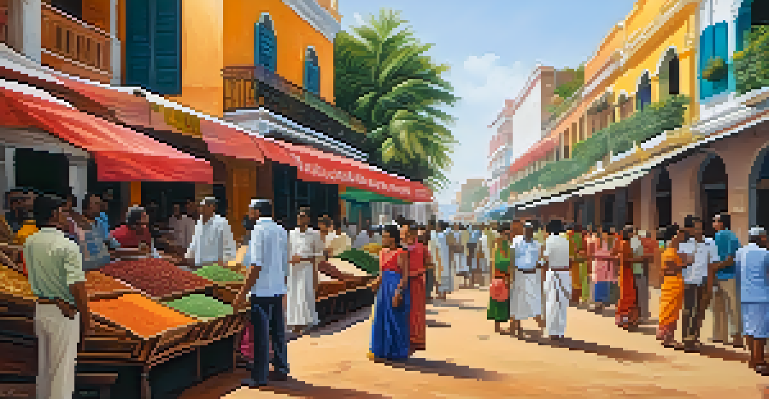 Vibrant street market in Pondicherry with colonial buildings, vendors, and tourists.