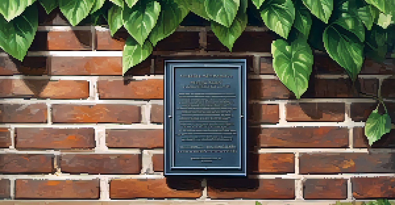 A close-up of a historical plaque on a brick wall surrounded by greenery, illuminated by soft morning light.