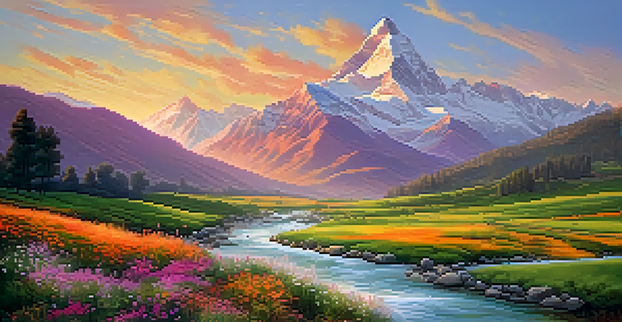 A stunning landscape of the Himalayas at sunset, with snow-capped mountains and colorful meadows.