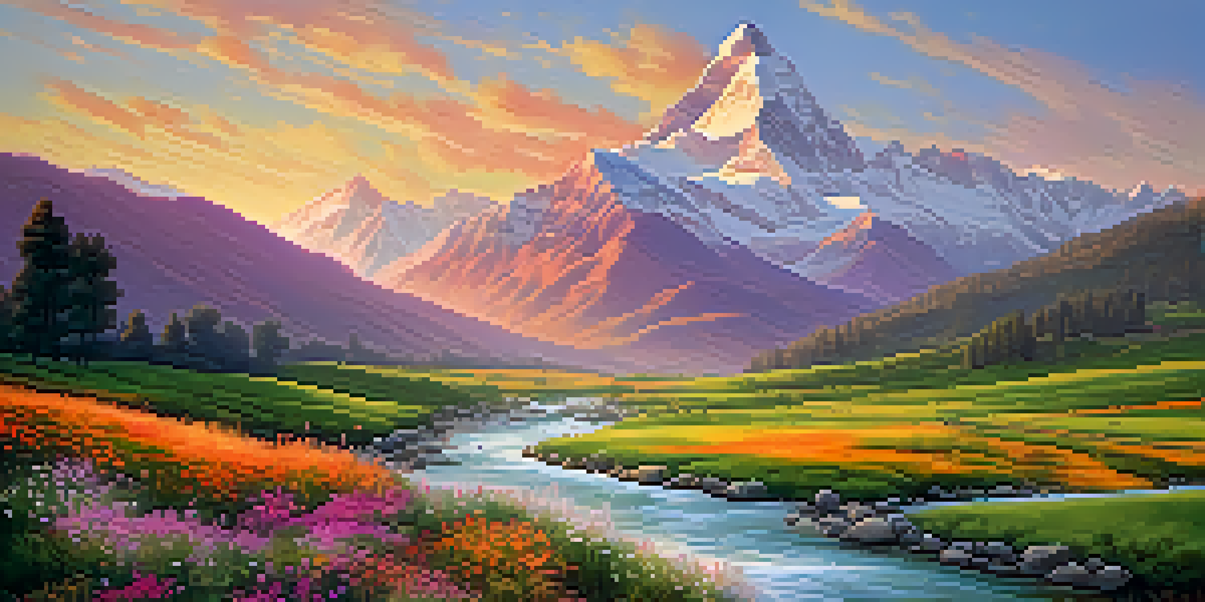 A stunning landscape of the Himalayas at sunset, with snow-capped mountains and colorful meadows.
