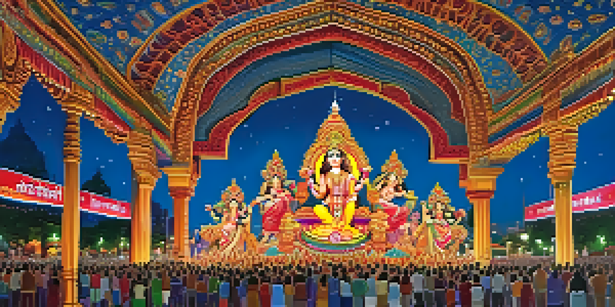 A beautifully decorated Durga Puja pandal with an idol of Goddess Durga, surrounded by colorful lights and a lively crowd.