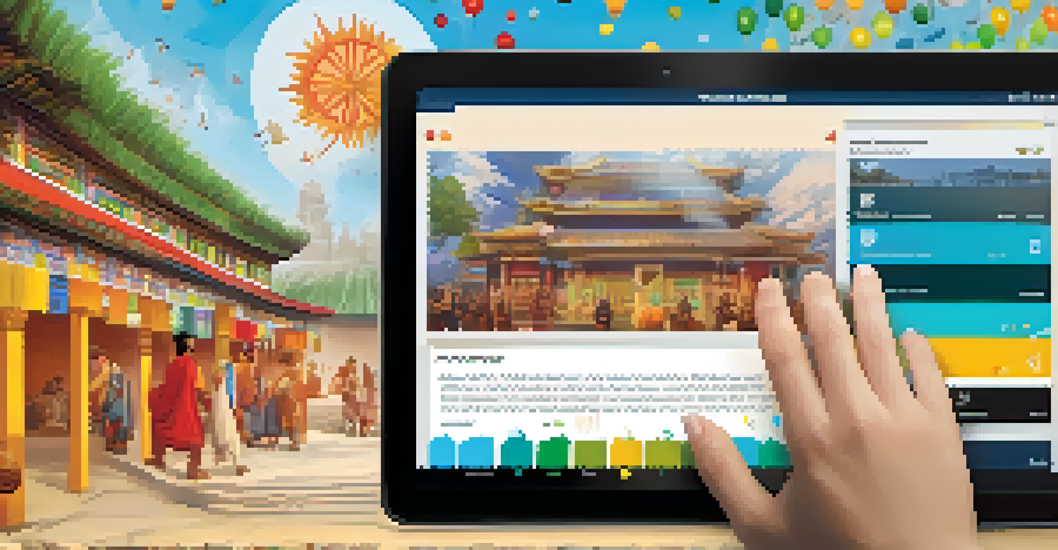 A tablet displaying an interactive educational app with a timeline of cultural heritage events.