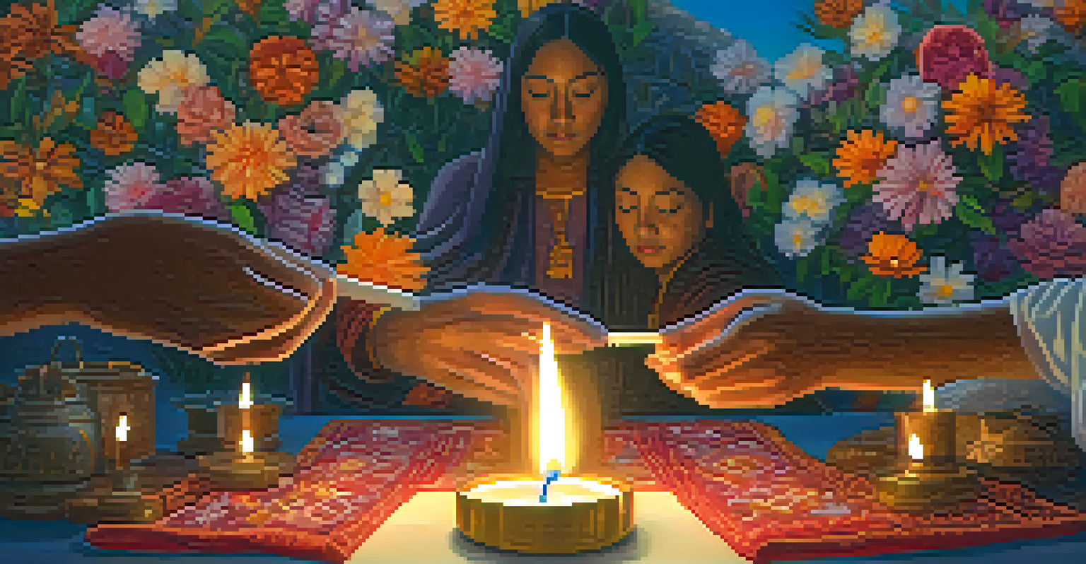 A hand lighting a candle at a sacred site, surrounded by flowers and offerings, with blurred pilgrims in the background.