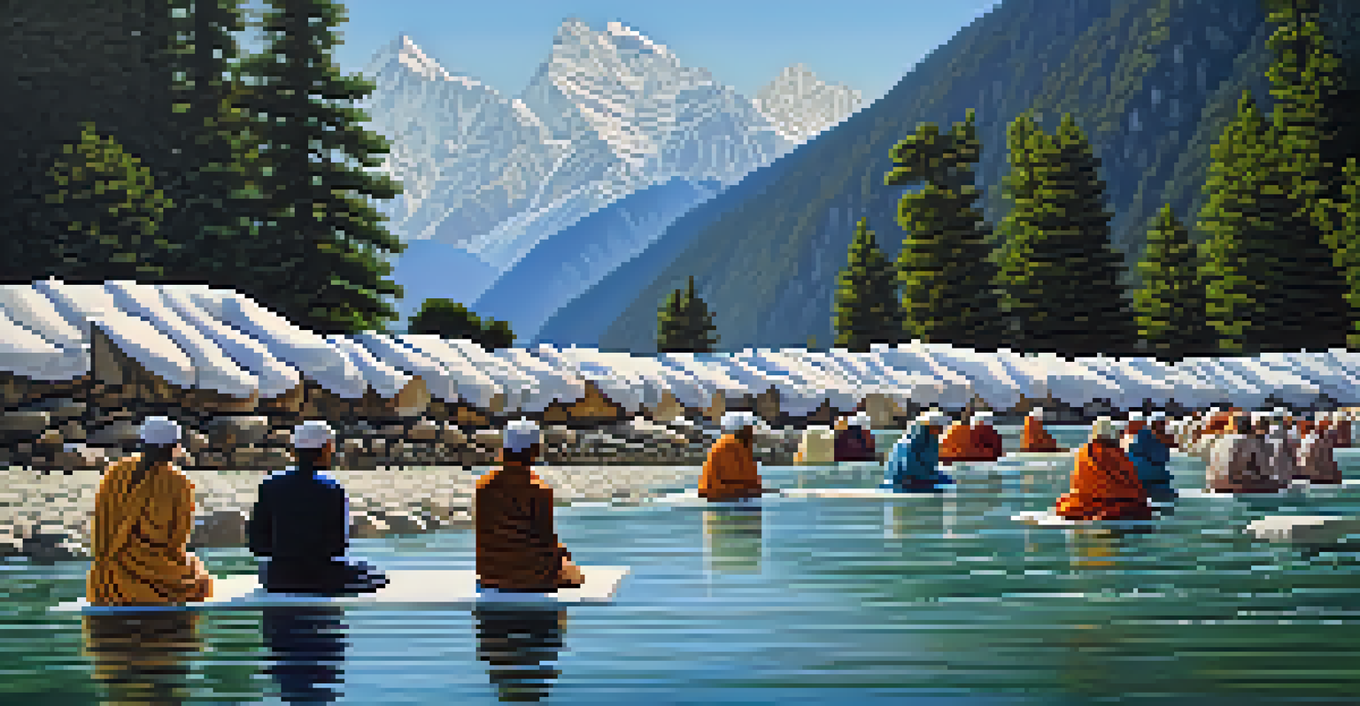 Pilgrims at Gangotri dipping their feet in the Ganges River, surrounded by majestic mountains and soft afternoon light.