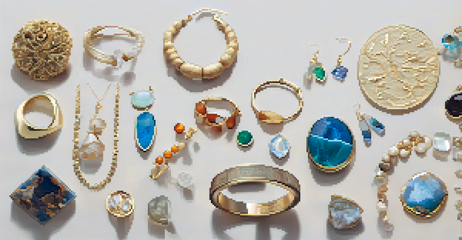 A flat lay of handcrafted jewelry made from gold, copper, and resin on a soft background, showcasing various textures and colors.