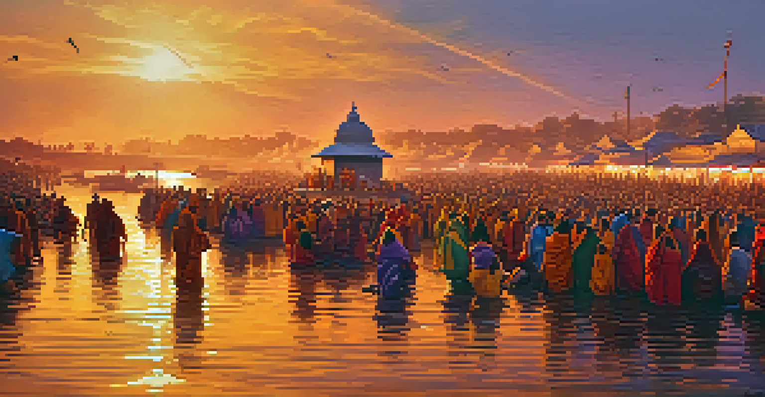 A bustling scene at Kumbh Mela with numerous pilgrims bathing in the Ganges River, surrounded by colorful decorations and spiritual rituals.