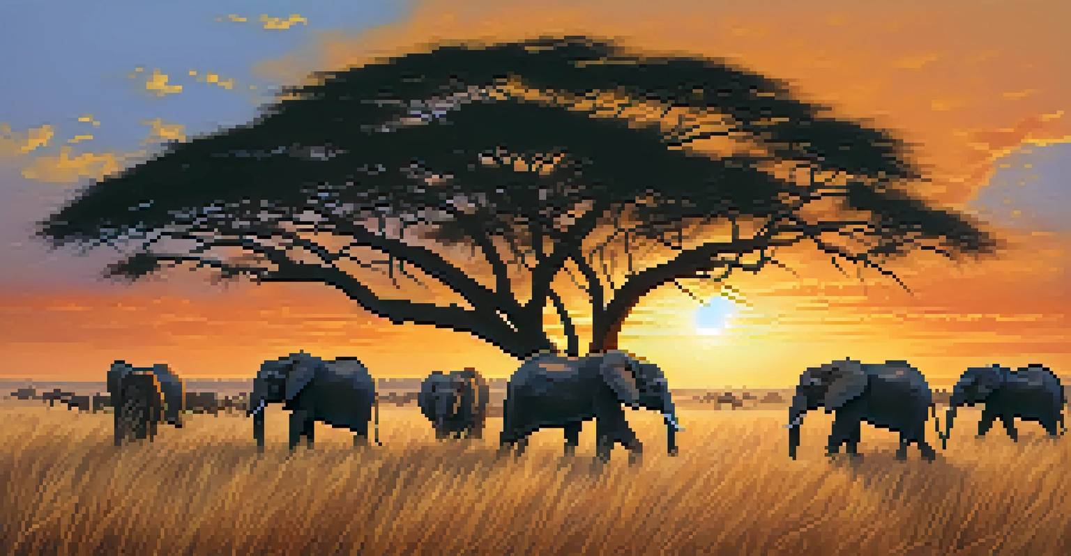 A herd of elephants in the savannah during sunset, with travelers observing from a safari vehicle.
