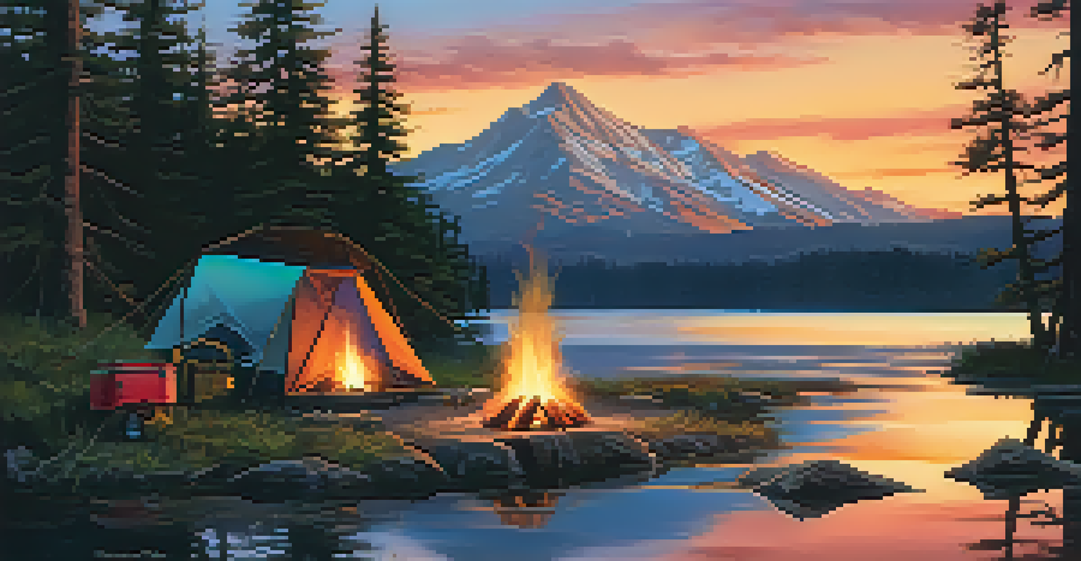 A peaceful campsite next to a lake at dusk, with a campfire and a stunning sunset reflected in the water.
