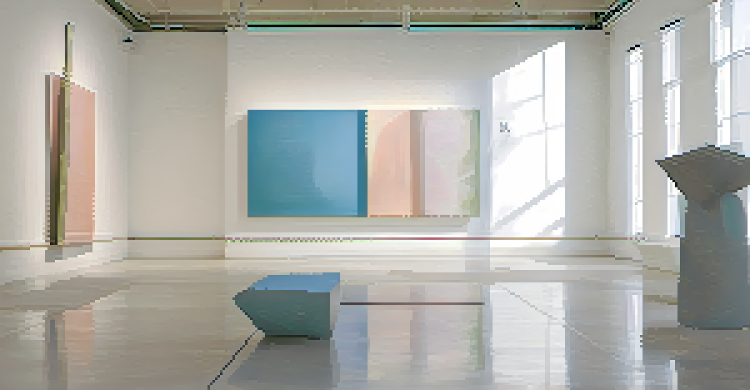 A minimalist art installation in a gallery featuring a reflective sculpture, with soft pastel walls and polished concrete floors.