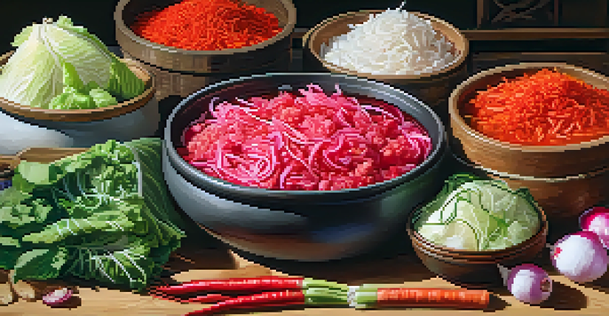 Close-up view of traditional kimchi preparation with fresh vegetables and colorful spices on a rustic wooden table.