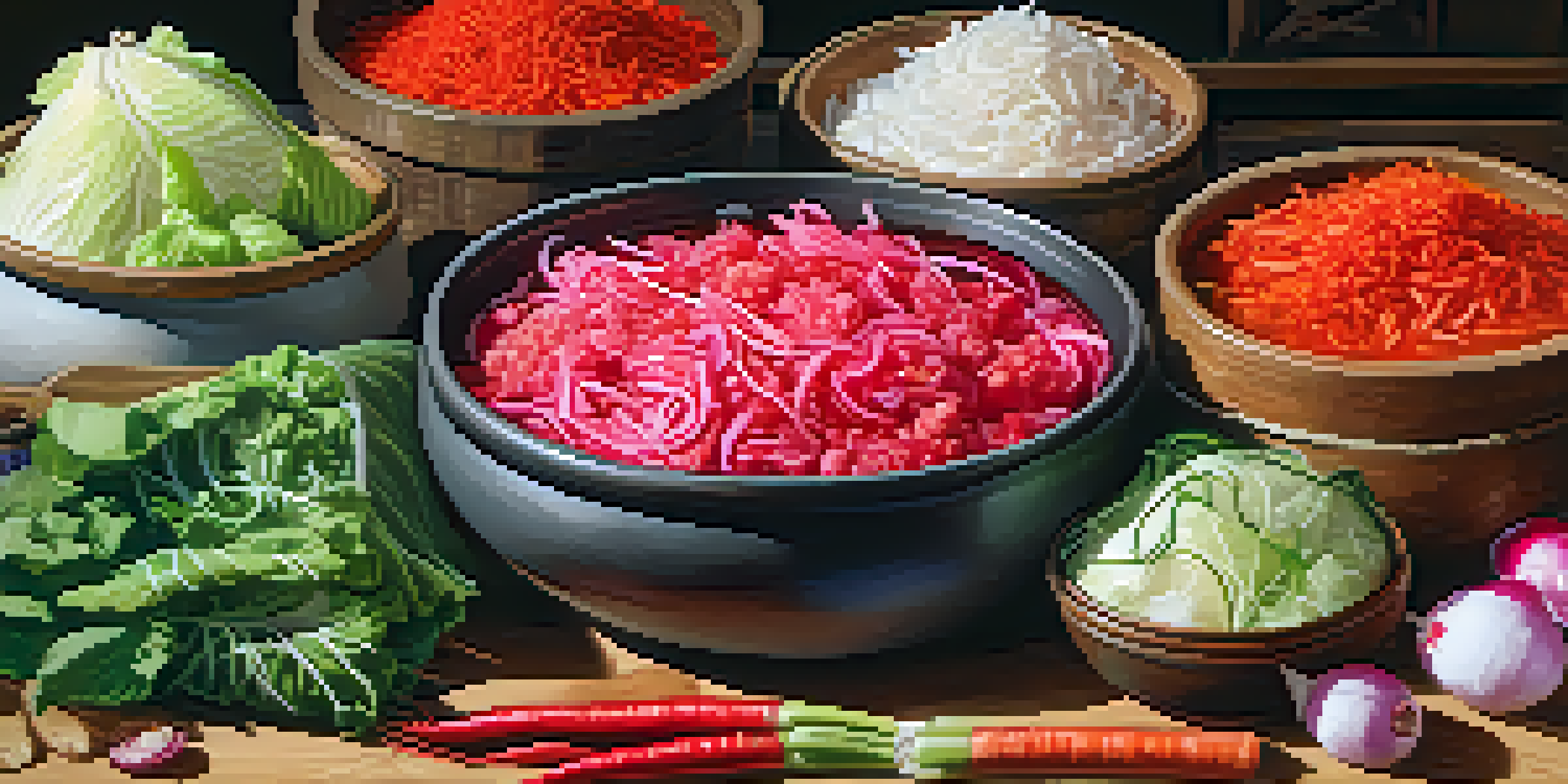 Close-up view of traditional kimchi preparation with fresh vegetables and colorful spices on a rustic wooden table.