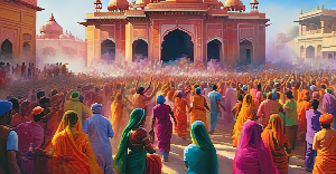 People joyfully celebrating Holi with colorful powders in Mathura, India, surrounded by traditional architecture.