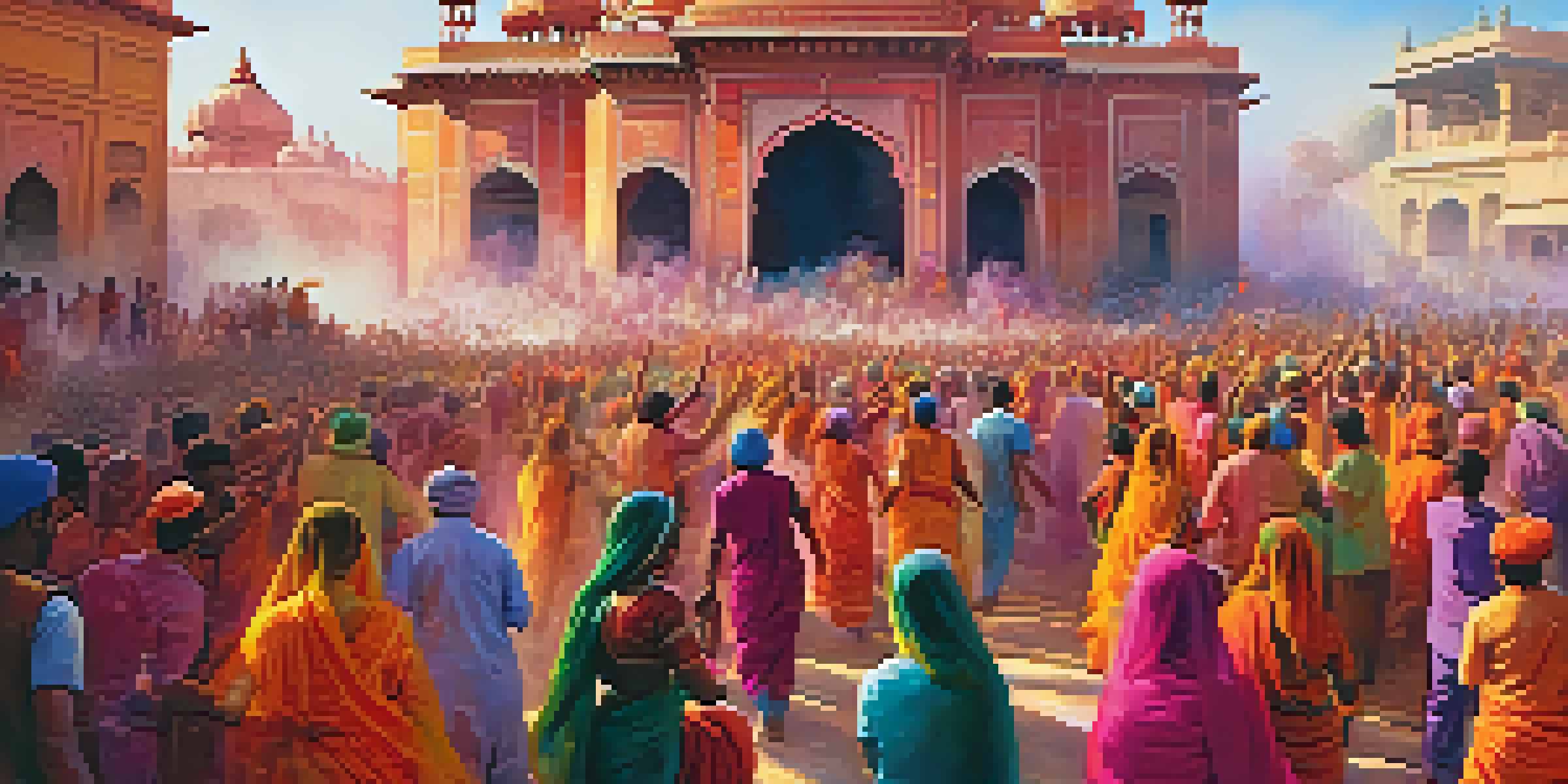 People joyfully celebrating Holi with colorful powders in Mathura, India, surrounded by traditional architecture.