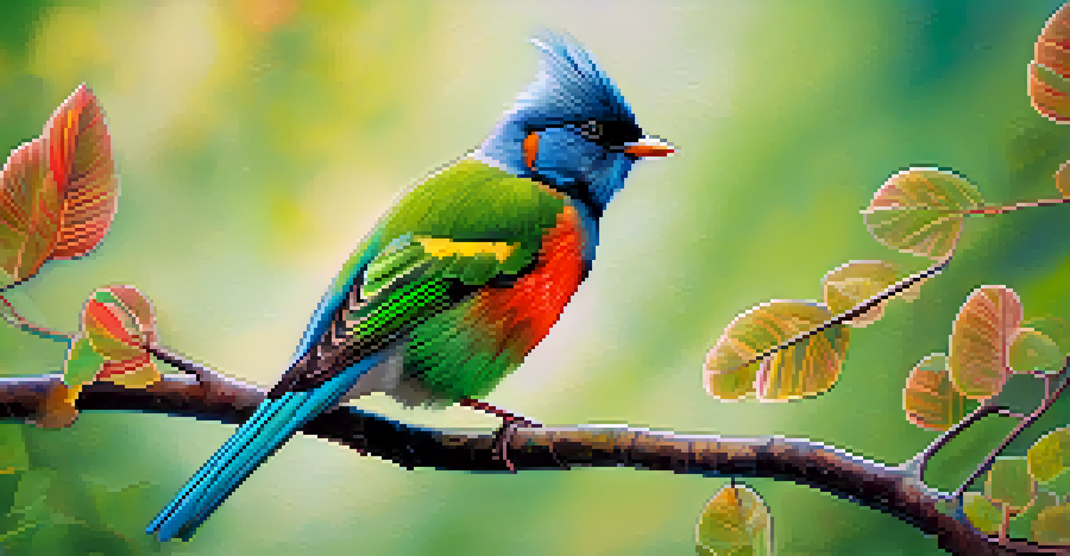 A close-up of a colorful bird perched on a branch, showcasing vibrant feathers against a blurred green background.