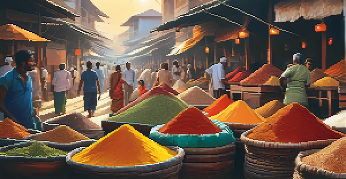 A lively spice market in Kochi, India, filled with colorful spice stalls and local vendors.