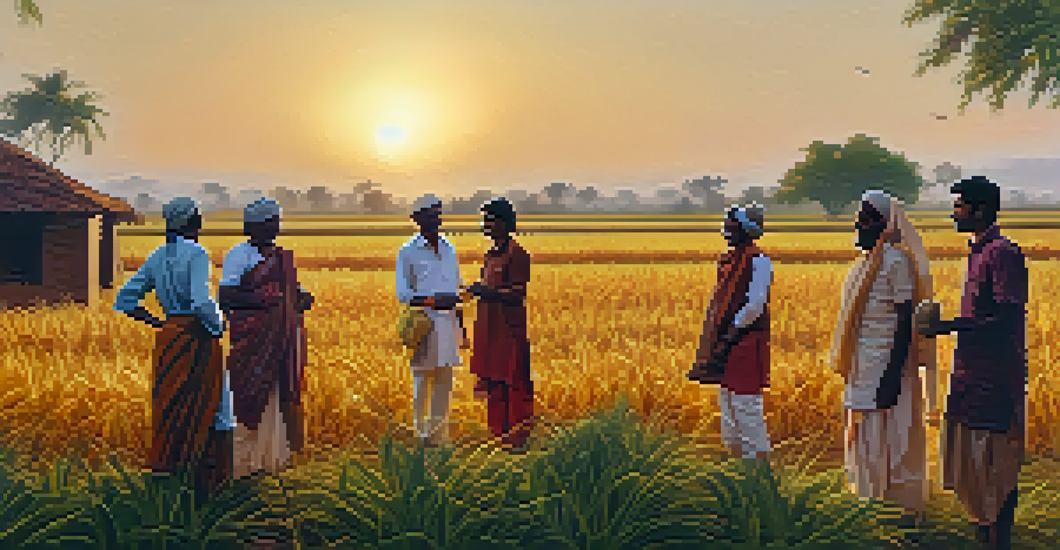A volunteer teaching sustainable farming practices to local farmers in a rural Indian village during sunset.