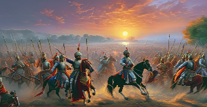 A dramatic reenactment of the Battle of Panipat with actors in historical costumes and weapons, set against a colorful sunset.