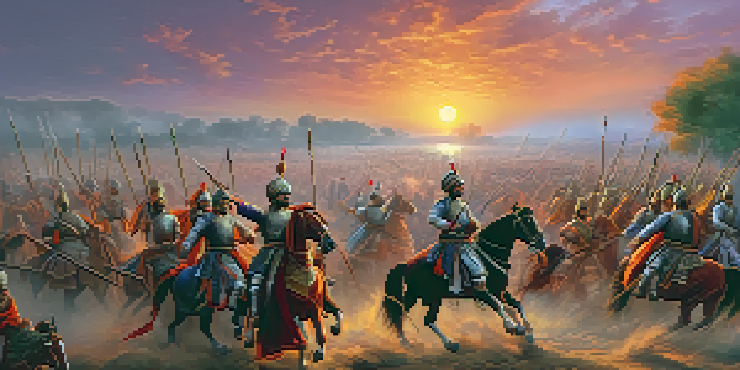 A dramatic reenactment of the Battle of Panipat with actors in historical costumes and weapons, set against a colorful sunset.