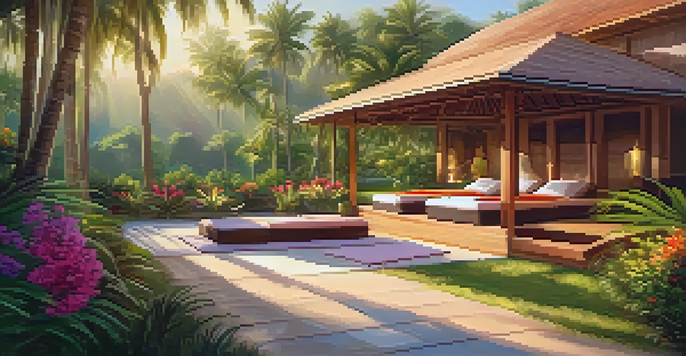 A peaceful outdoor yoga area in an Ayurveda wellness retreat, surrounded by palm trees and flowers with sunlight filtering through the leaves.