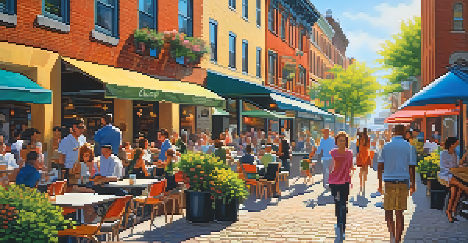 A lively urban street with people walking, colorful street art on the walls, and a café with outdoor seating.
