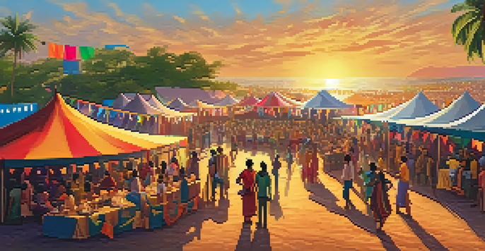 A bustling film festival in Goa with colorful tents, attendees discussing, and a large screen showing a classic Indian film during sunset.